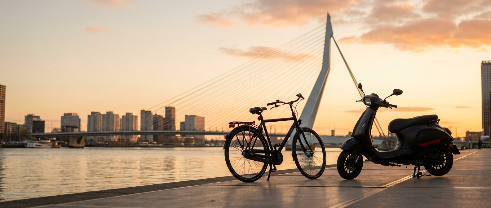 Fiets en scooter aan de Maas voor de Erasmusbrug tijdens golden hour